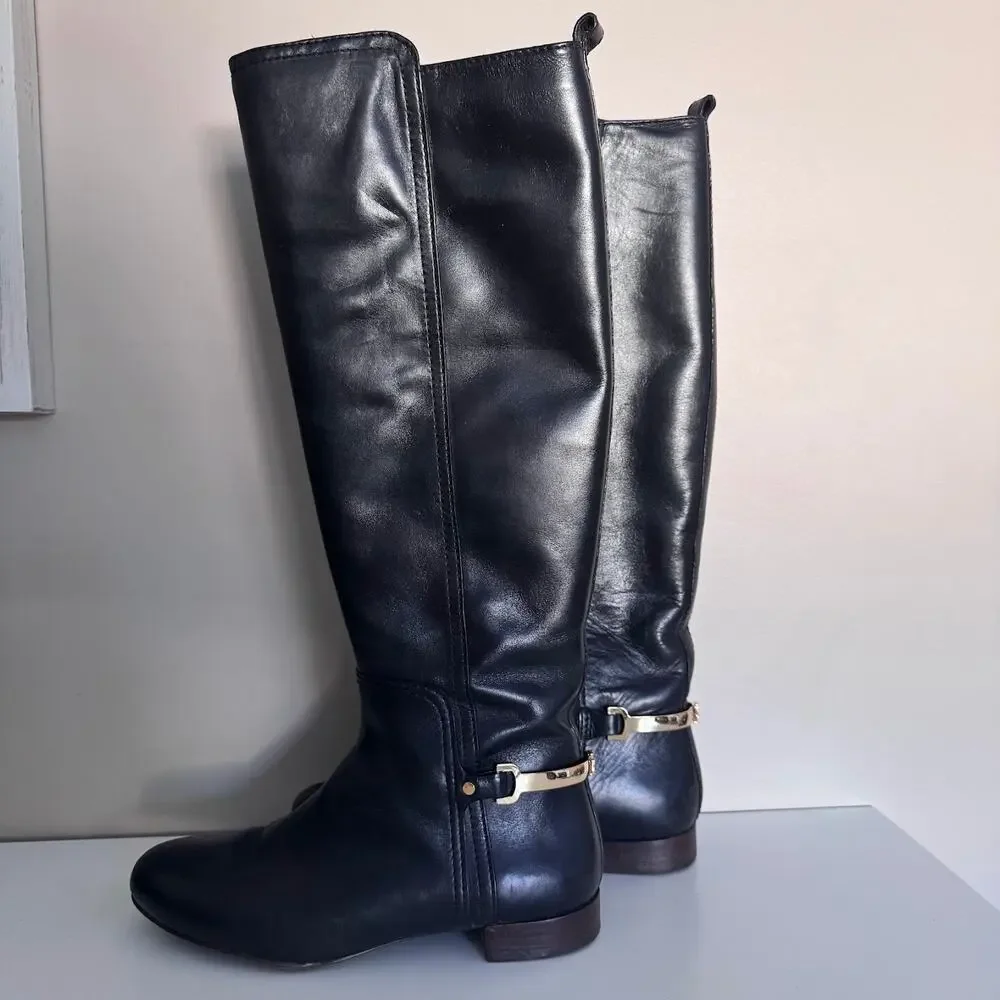 Tory Burch Tall Black Leather Riding Boots Horsebit Heel Logo Hardware Size 5